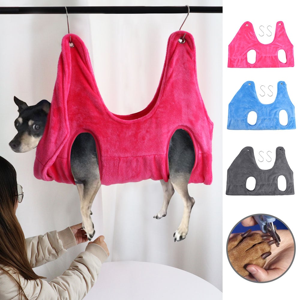Dog wearing a pink vest hammock hanging from a hook, with color options displayed on the right.