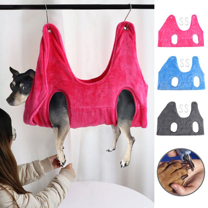 Dog wearing a pink vest hammock hanging from a hook, with color options displayed on the right.