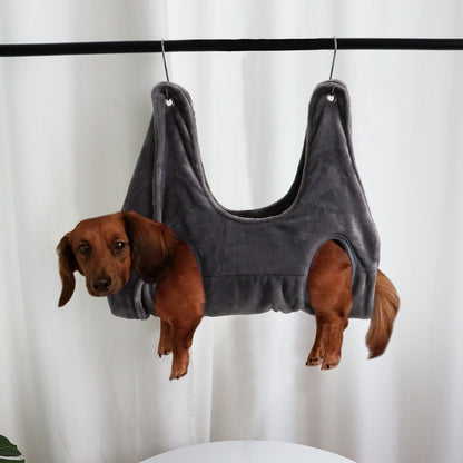 Dog wearing a gray vest hammock hanging on a black rod against a white curtain background