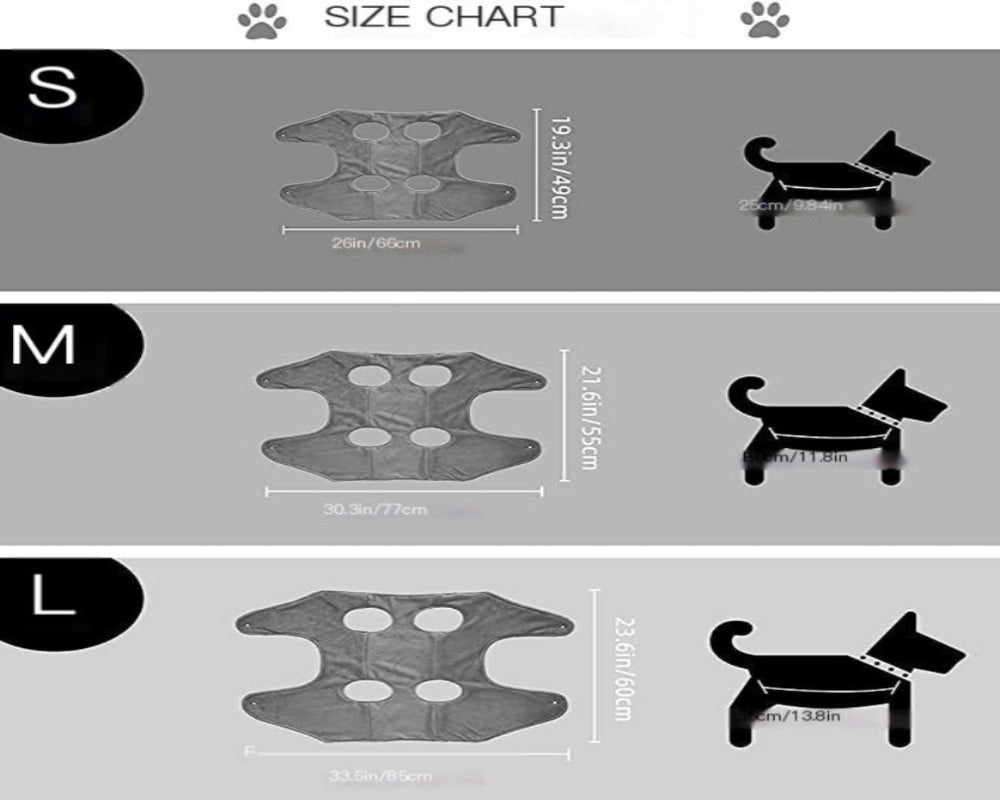 Size chart for dog grooming hammock with measurements and illustrations of dogs wearing the collars.